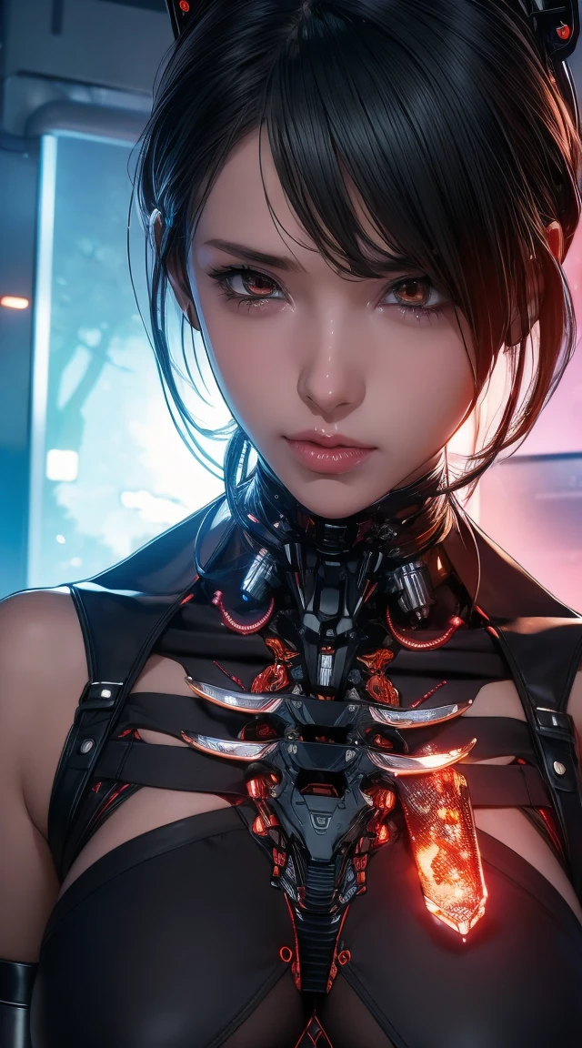1. Machine Girl,((Ultra-Realistic Details)), Portraiture, Global Illumination, Shadow, Octane Rendering, 8k, Ultra Sharp,Metal,Complex, Decorations detailed, Cool colors, More about Egypt, highly Complex details, Realistic Light, Trending on CGSociety, Glowing Eyes, To the camera, Neon Details, Mechanical limbs,Blood vessels connected to tubes,Mechanical vertebrae attached to the back,Cervical vertebrae mechanically attached to the neck,Sitting,Wires and cables connecting to the head