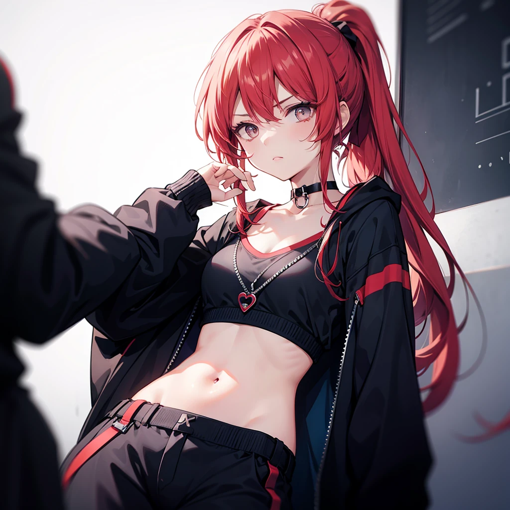 1 Woman Ponytail Hair, long hair, red hair, gray eyes animation, medium chest, medium hips, choker, with a straight face, serious face, black clothes, bare, tech wear clothes, choker, standin, very detailed, 8k, game illustration