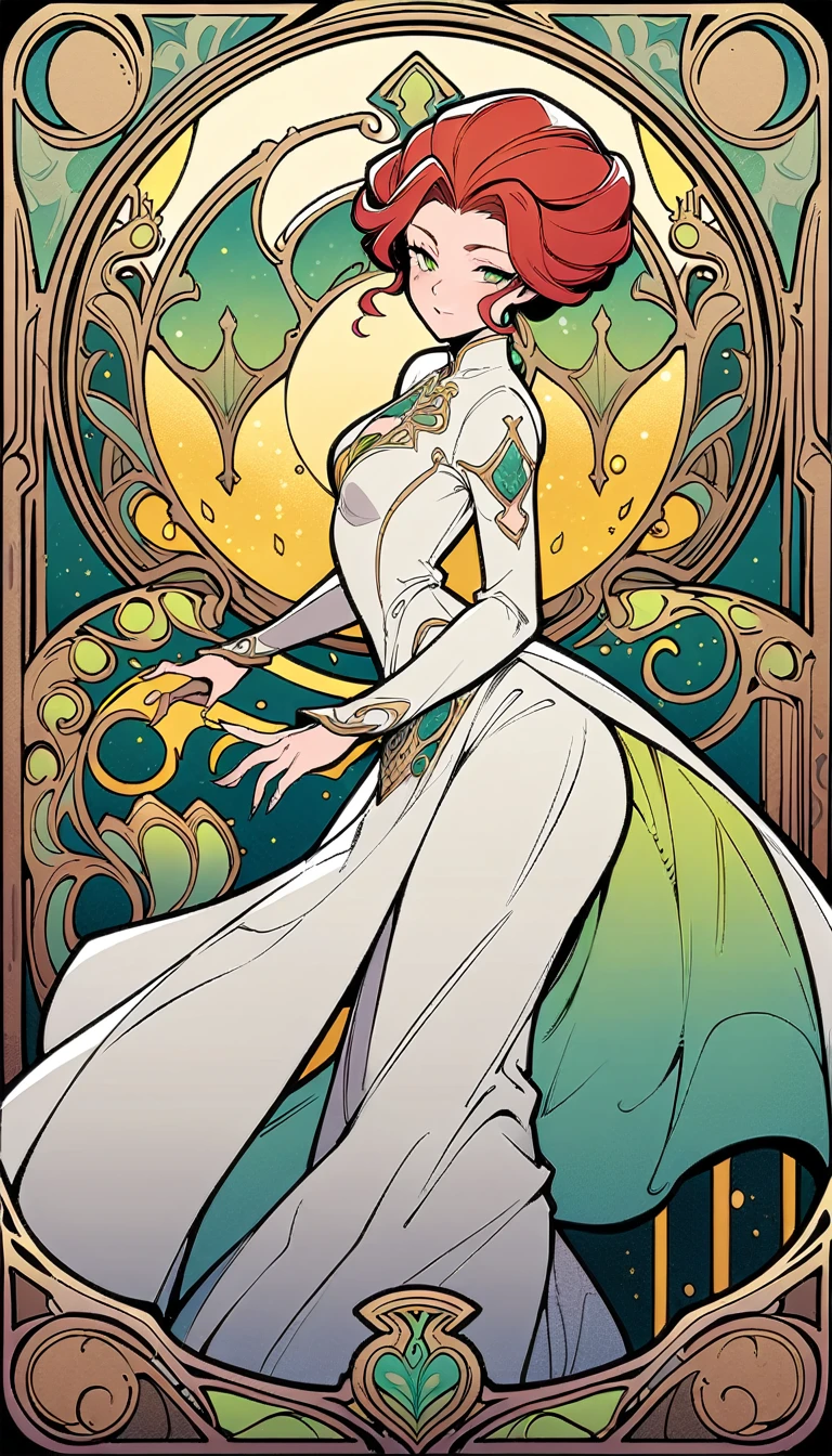 ((best quality)) , ((masterpiece)) , (detailed),Illustration of a Hearthstone card game character, a lizard in a white suit with a red mohawk dancing on a golden dance floor, with yellow lights and green decorations in the background, in the style of a cartoon.art nouveau style , elegant, decorative, curvilinear forms, nature-inspired, ornate, detailed