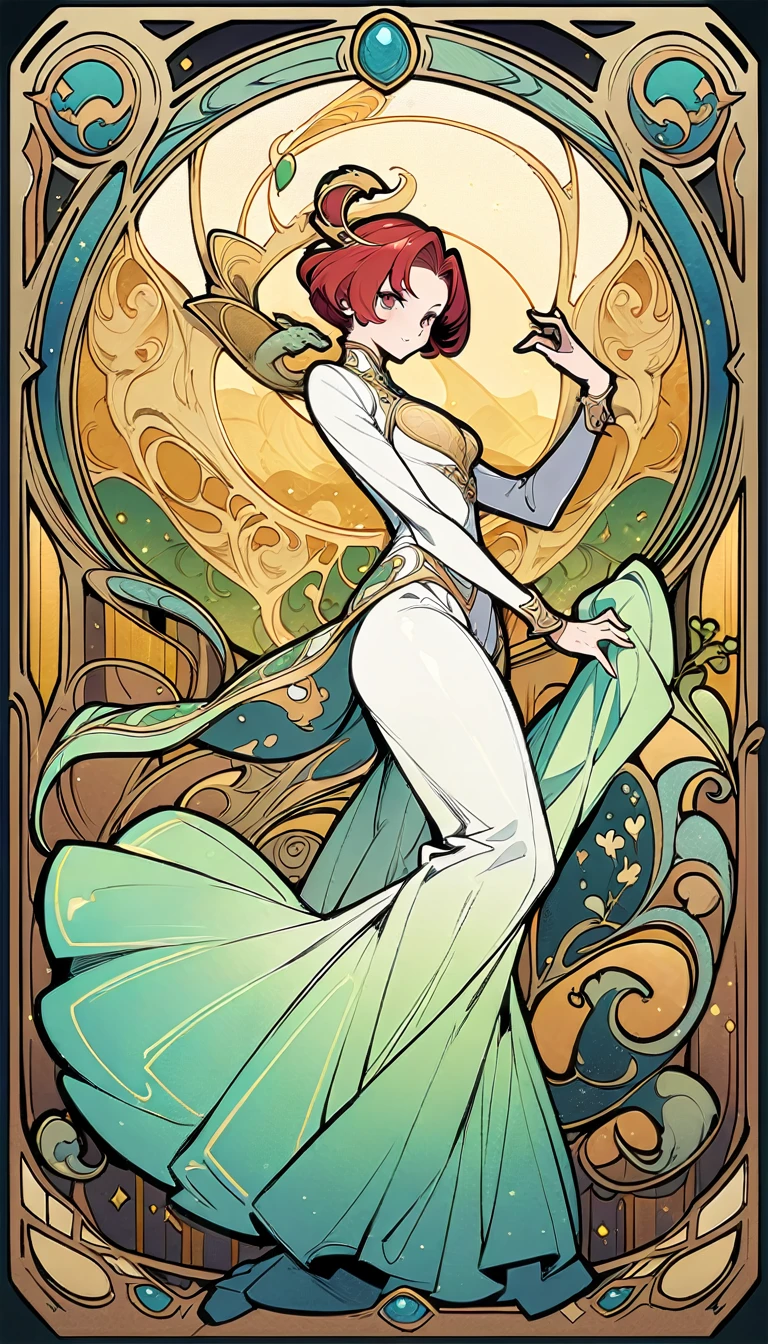 ((best quality)) , ((masterpiece)) , (detailed)，Illustration of a Hearthstone card game character, a lizard in a white suit with a red mohawk dancing on a golden dance floor, with yellow lights and green decorations in the background, in the style of a cartoon.art nouveau style ， elegant, decorative, curvilinear forms, nature-inspired, ornate, detailed