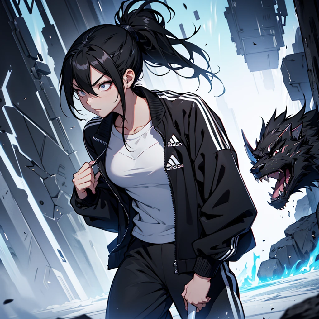 1 , 独奏 ,,anime style woman , ponytail hair ,Bblack hair  , adult,25anos , expression would be , eyes black , ice sword  , black leagwear , black pants , adidas black shirt , darkness background 