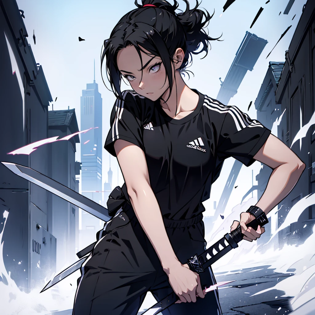 1 , 独奏 ,,anime style woman , ponytail hair ,Bblack hair  , adult,25anos , expression would be , eyes black , ice sword  , black leagwear , black pants , adidas black shirt , darkness background 