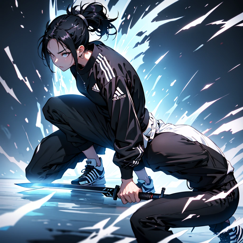 1 , 独奏 ,,anime style woman , ponytail hair ,Bblack hair  , adult,25anos , expression would be , eyes black , ice sword  , black leagwear , black pants , adidas black shirt , darkness background 