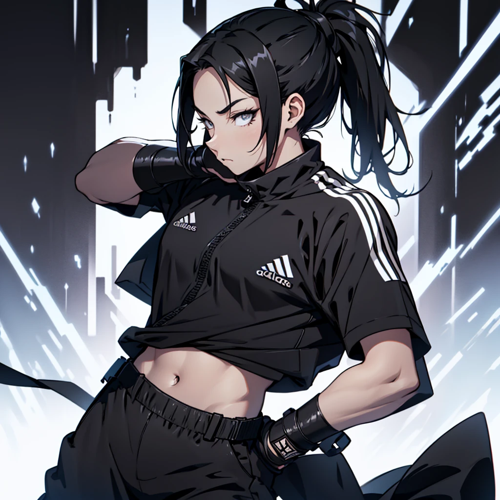 1 , 独奏 ,,anime style woman , ponytail hair ,Bblack hair  , adult,25anos , expression would be , eyes black , ice sword  , black leagwear , black pants , adidas black shirt , darkness background 