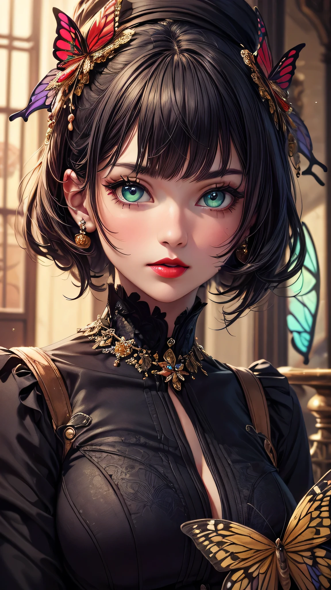(((masterpiece))),(((Highest quality))),((Very detailed)),8k, alone, beautiful girl, (Very delicate and beautiful face), (Beautiful eyes in every detail), Black cat, compensate, blush, lipstick, Red lips, Portraiture, Realistic, Green Eyes, View your viewers, Painting, butterfly,