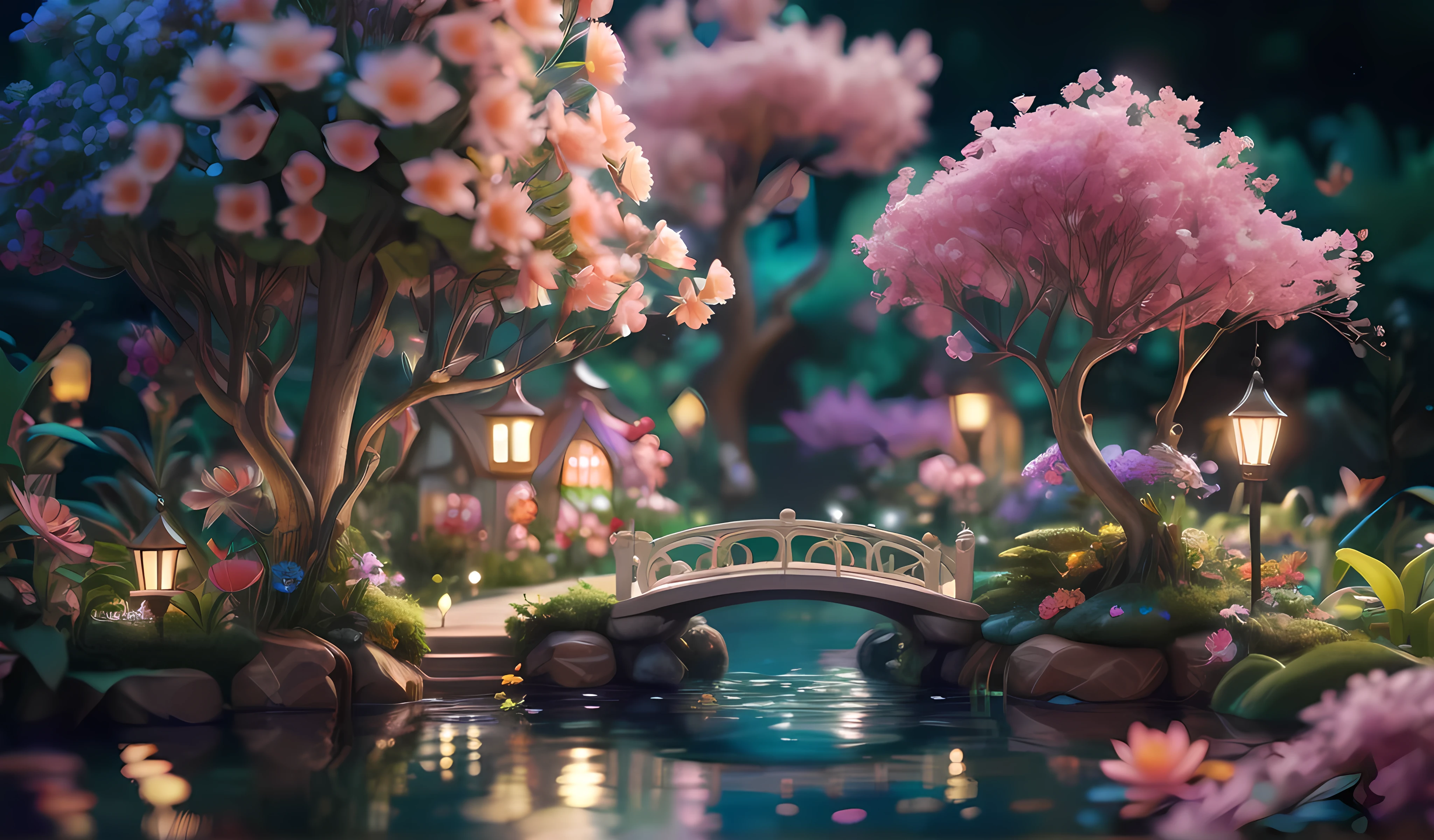 there is a girl on a small bridge over a pond with flowers and trees, 4k highly detailed digital art, beautiful art uhd 4 k, 8k high quality detailed art, 4k detailed digital art, beautiful render of a fairytale, 3d digital art 4k, beautiful composition 3 - d 4 k, cute detailed digital art, fairyland bridge, cute 3 d render
