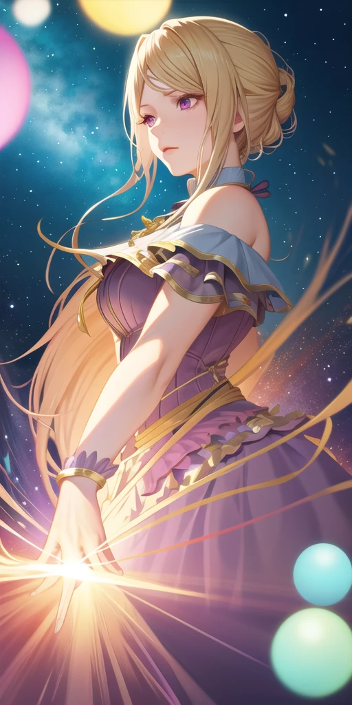 a beautiful young anime-style girl with light blonde hair, violet eyes, blowing bubbles, under a starry night sky, ethereal, whimsical, with a gentle expression, highly detailed, vibrant colors, cinematic lighting, fantasy, dreamlike, 8k, intricate details, porcelain skin, long lashes, delicate features, elegant pose, glowing atmosphere, dramatic lighting, muted color palette, moody, soft focus, magical realism, fantasy art