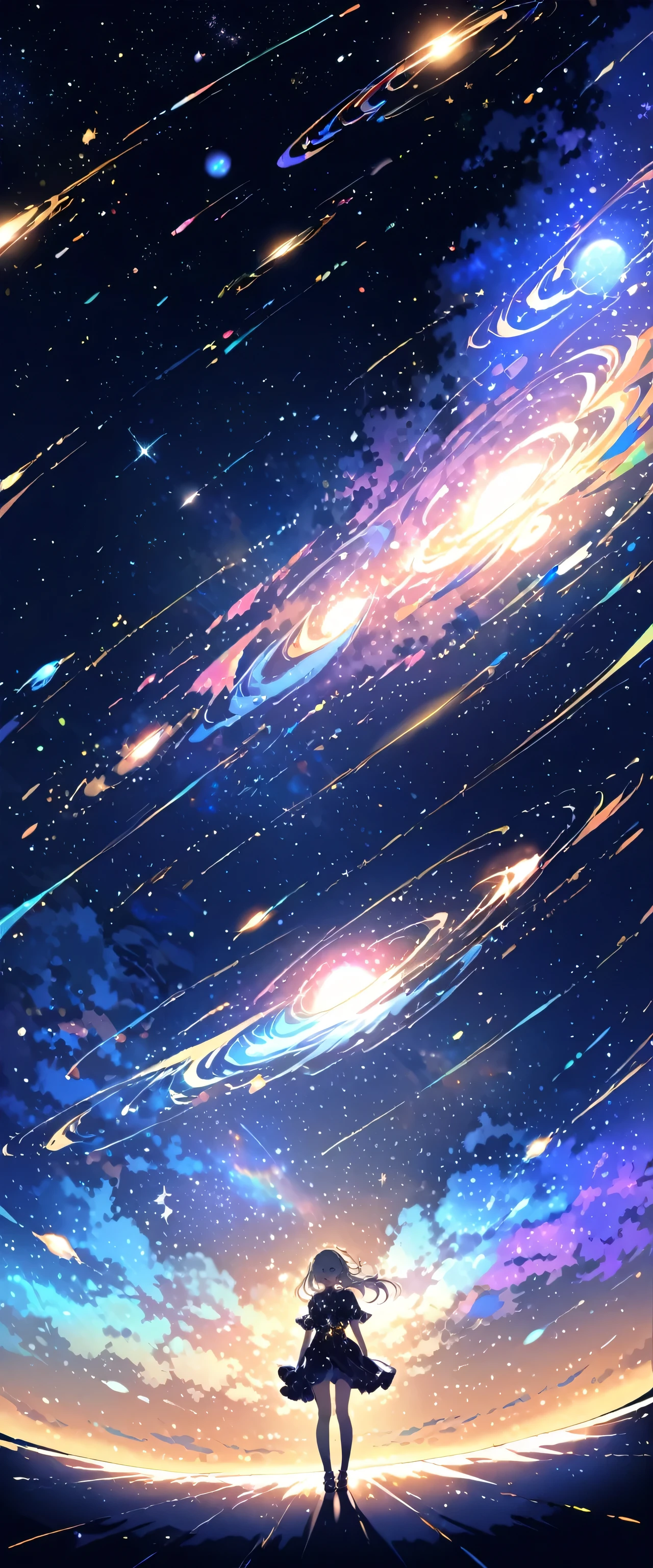 Attention to detail, Super Detail, Ultra-high resolution, A girl having a good time in a dream galaxy, Surrounded by stars, The warm light that shines on her, The background is a starry sky with colorful galaxies and galactic clouds, The stars fly around her, Delicate face, Add a playful touch ,Standing 20 meters away, 