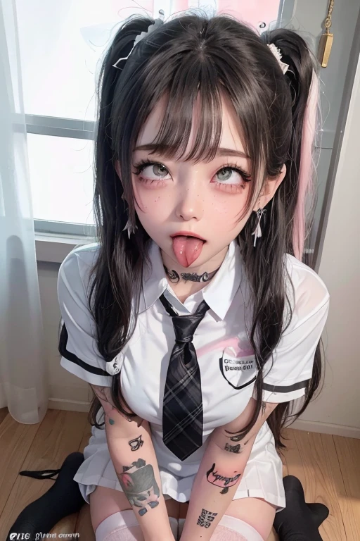 high quality, detailed,very wet,High school girl wearing very very wet and very transparent short sleeve white shirt and a plaid ribbon tie,plaid skirt,(wearing black overknee socks),a mole under the eye,(tounge out,tounge out tounge out),(blushing:1.4),the whole body,the whole body,she has a lot of earrings,tattoo,tattoo,detailed background,in the health room,ecstasy,orgasm,tattoo,she has fancy nails