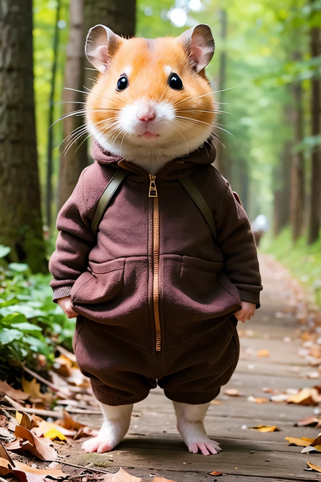 Cute realistic hamster standing on two legs in the forest、Wearing cute clothes、He's also wearing shoes.、Holding strawberries in both hands