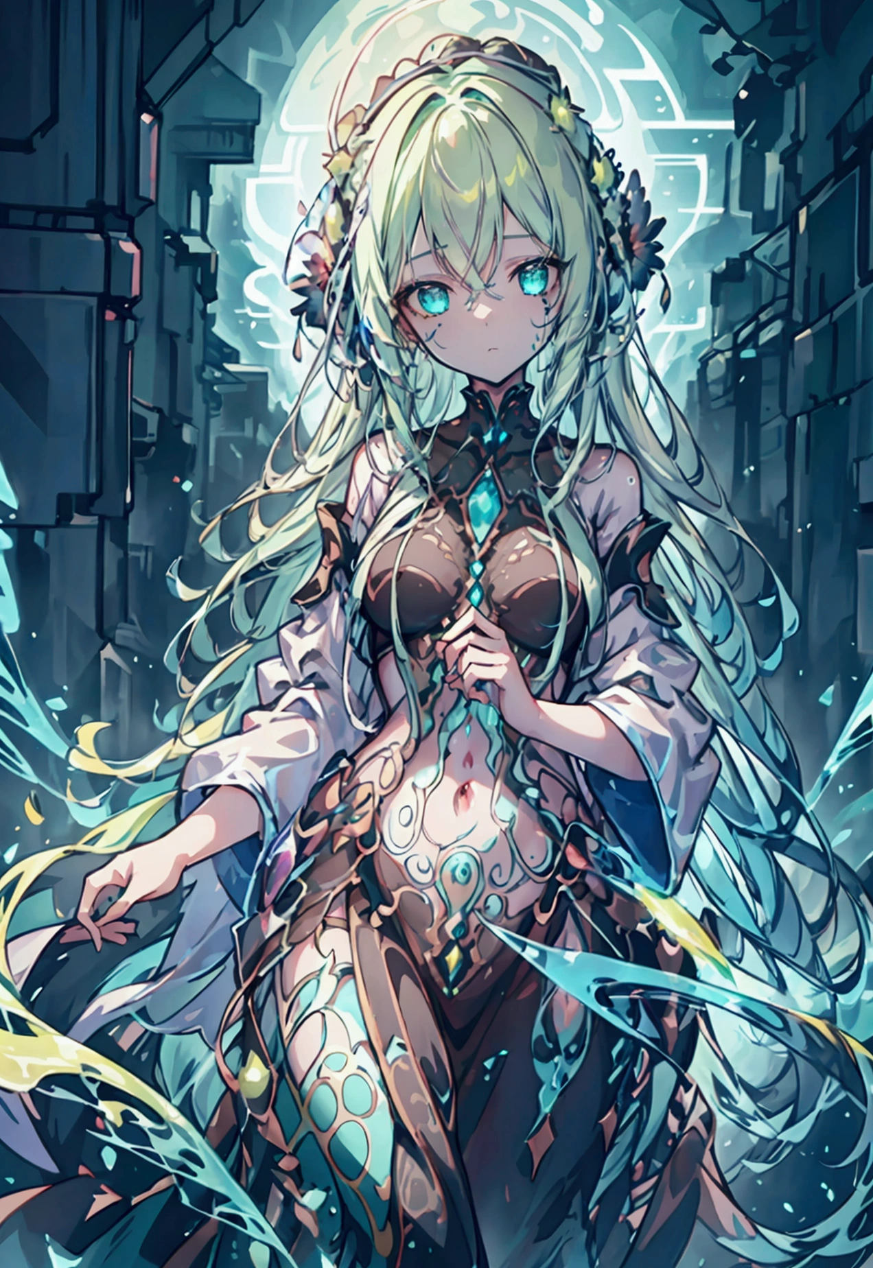 a beautiful slime girl with glowing translucent skin, long flowing hair, big expressive eyes, detailed facial features, graceful posture, intricate swirling patterns on her body, iridescent colors, glowing bioluminescent effects, ethereal and mystical atmosphere, fantasy landscape background, cinematic lighting, digital art, highly detailed, 8k, photorealistic