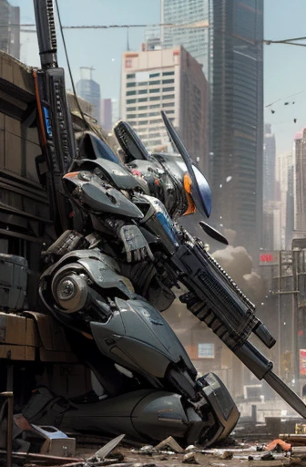 MECA,robot,droid,holding_Ak-47,giant meca,city,masterpiece,best quality,super detailed,super fine illustration,battle scene,