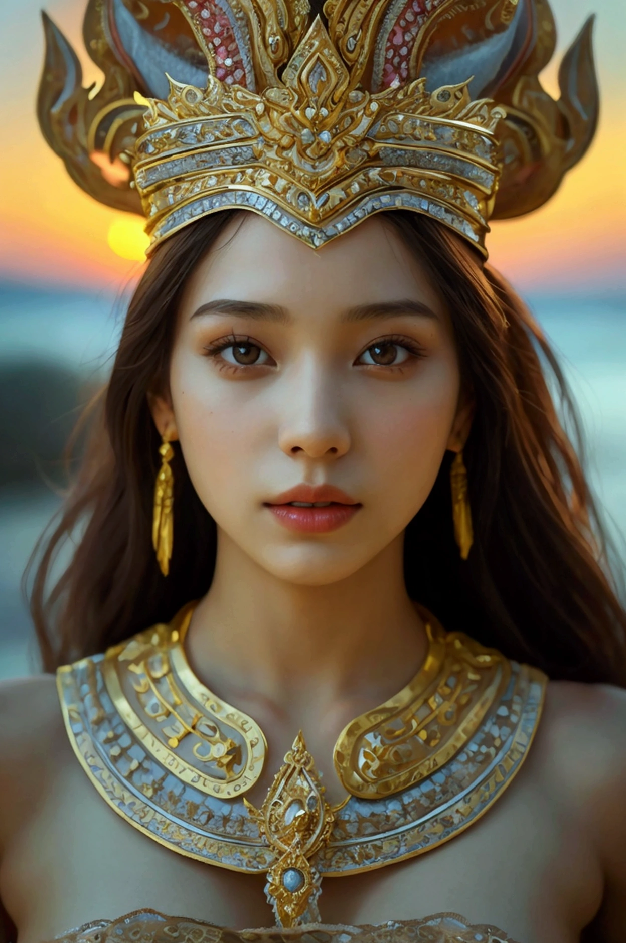 best quality, Masterpiece, Ultra high resolution, (realism: 1.4), original photo, 1 girl, movie light, at sunset, in the dark, deep shadow, Create high resolution photos, A beautiful young woman wearing a sexy Thai princess costume., The see-through fabric is so thin that the wearer&#39;Cracks and skin can be seen.., She spread her legs slightly wide to show off her legs.., She has a slim, beautiful, and delicate face.., sharp eyes, long hair, responsive face, high nose, and thin lips, Her breasts are 32 inches long with pink nipples.., Her waist is 24 inches.., Her hips are 33 inches.., Her skin was white and radiant.., She has light brown hair.., And her figure was slim and slightly muscular..