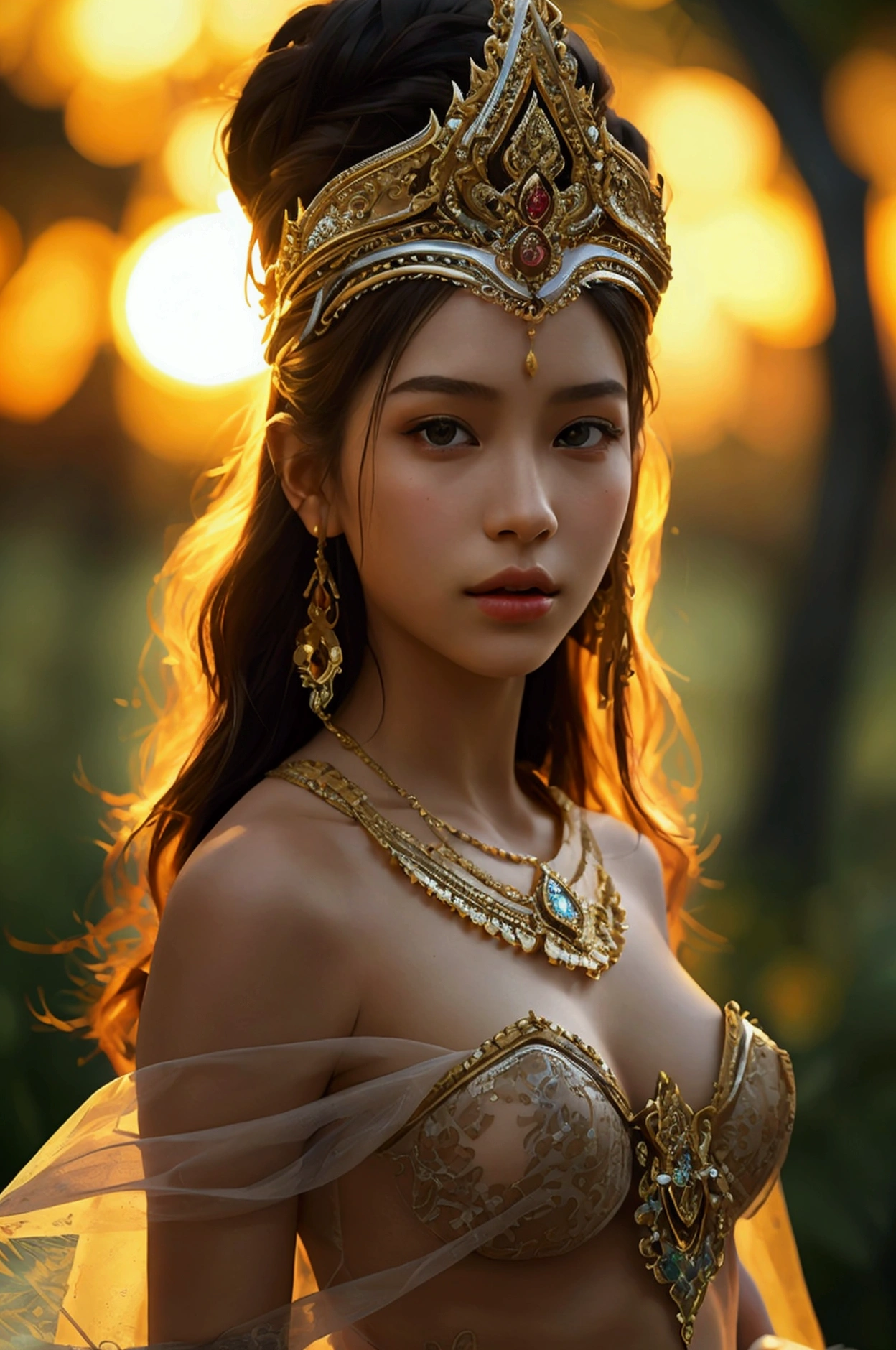 best quality, Masterpiece, Ultra high resolution, (realism: 1.4), original photo, 1 girl, movie light, at sunset, in the dark, deep shadow, Create high resolution photos, A beautiful young woman wearing a sexy Thai princess costume., The see-through fabric is so thin that the wearer'Cracks and skin can be seen.., She spread her legs slightly wide to show off her legs.., She has a slim, beautiful, and delicate face.., sharp eyes, long hair, responsive face, high nose, and thin lips, Her breasts are 32 inches long with pink nipples.., Her waist is 24 inches.., Her hips are 33 inches.., Her skin was white and radiant.., She has light brown hair.., And her figure was slim and slightly muscular..