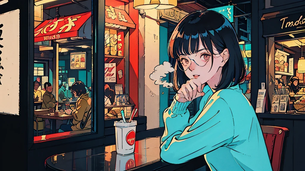 Beautiful Asian redhead sitting in a restaurant at night, Visible from the window, face perfect, oculos de sol, Smoking white Taylormade cigarettes, Neon black, (back-illuminated: 1.1), hard shadows, work of art, highest quallity, complex, model shooting style, vintage, Film grain, incomplete details