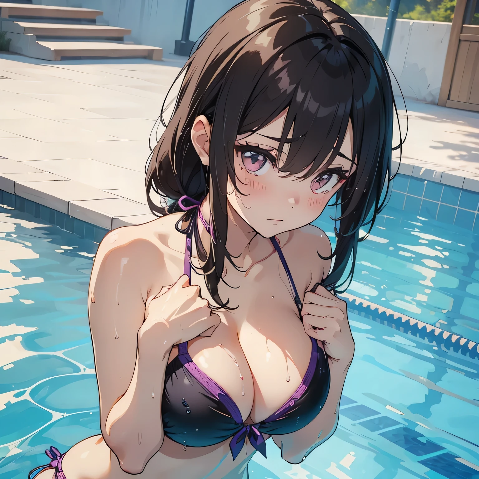 1 beauty, Slightly tanned girl,Very light purple eyeshadow,Traces of swimwear, Watery Big Eyes,Beautiful constriction,(Flustered expression),embarrassed from, long eyelasher,Blushlush, in poolside, Wet whole body, ((Bikini swimwear)),(Anti-Bull Bra Shoulder Straps),(Remove your bra and go topless:1.2)), (dishevled hair:1.2),bustshot,((Hide your eyes with your hands)),Dynamic Angle Zoom