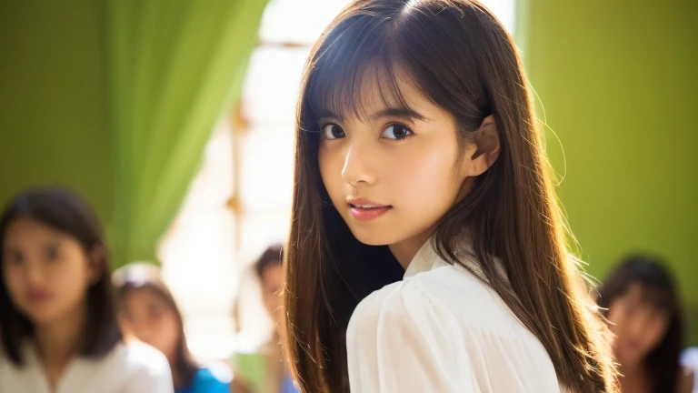 In an old wooden classroom, A high school girl wearing a summer white blouse ,(Detailed skin:1.2),(Glowing Skin:1.1),Highest quality, masterpiece, Ultra-high resolution,(Realistic:1.4), RAW Photos,(Soft Saturation:1.3),(Fair skin:1.2), Japanese Idols,Thin lips, Brown eyes, (Watching the audience), 18-year-old, Detailed face, Perfect female body, Her medium-long hair is tied behind both ears.,Hair swaying gently in the wind, Asymmetrical bangs, Light brown hair, 非常にDetailed face,