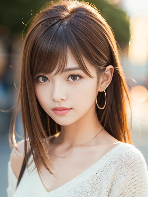 Ultra High Definition, Superior Quality, Premier Quality, ultra detailed, Photorealistic, 8k, RAW Photos, highest quality, masterpiece, Attractive girl, Stunning girl, Brown Hair, Shoulder Length Layered, asymmetrical bangs, Japanese Idol, Sophisticated, Stylish, v-neck knit, Shibuya, Great Joy