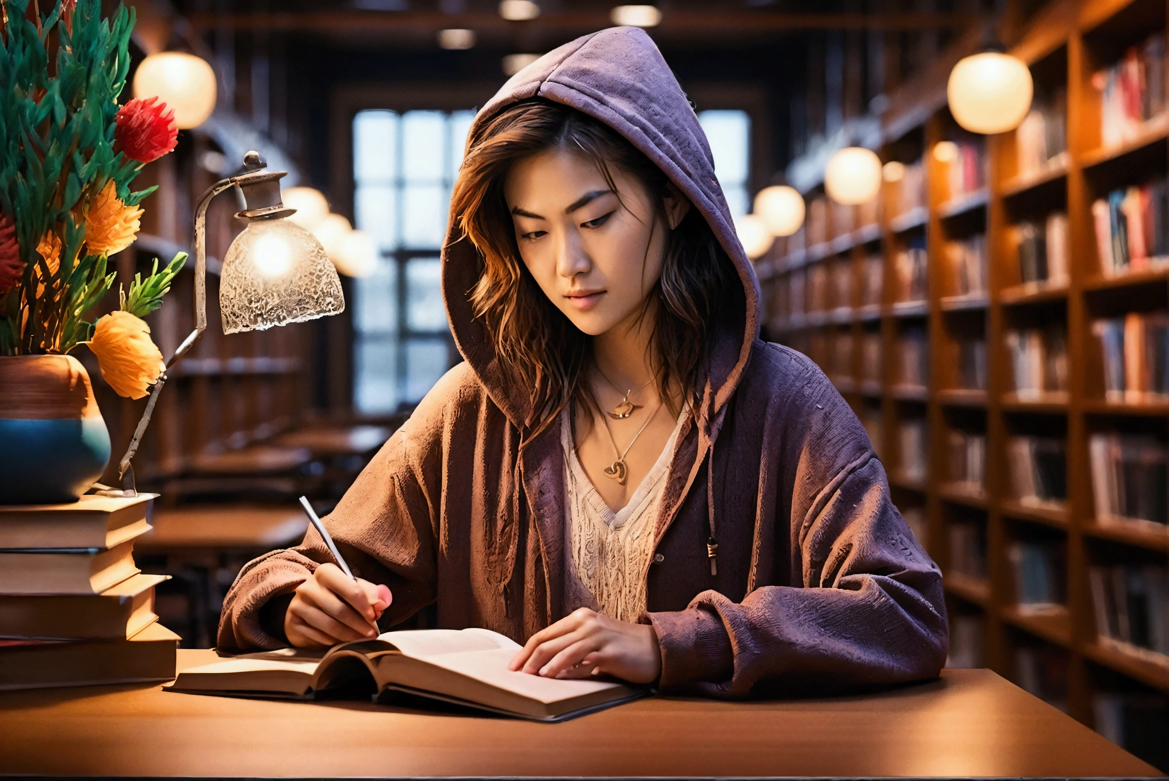 (masterpiece), (extremely intricate:1.3), (realistic), portrait of a girl, huge and perfect breasts, the most beautiful in the world, dark eyebrows, bright purple hair, (grace park:1.3), scowl, (annoyed pout:1.2), blushing heavily, (oversized baggy cosy hoodie), (ripped baggy jeans), (canvas sneakers), (backpack), (elf ears:1.1), tanned, detailed textures, indoors, bright sunlight, (college library:1.4), sitting at a table, professional photograph of a stunning woman detailed, looking at the camera, alluring stare, detailed eyes, sharp focus, dramatic, award winning, cinematic lighting, octane render  unreal engine,  volumetrics dtx, (film grain, blurry background, blurry foreground, bokeh, depth of field, motion blur:1.3)
