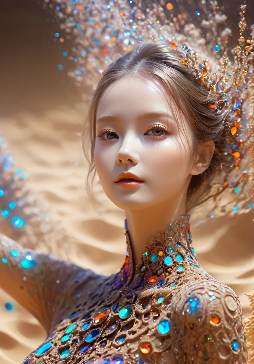 masterpiece,high quality,soil elements,sand,(1 Girl),Extremely detailed,(Fractal Art:1.3),rich and colorful,The most detailed,(a girl made of sand),8K,The art of math,Macro photos,quantum dots,Clear focus,Hidden Shot,Movie,Micro World,(Upper thigh shot),Front view,