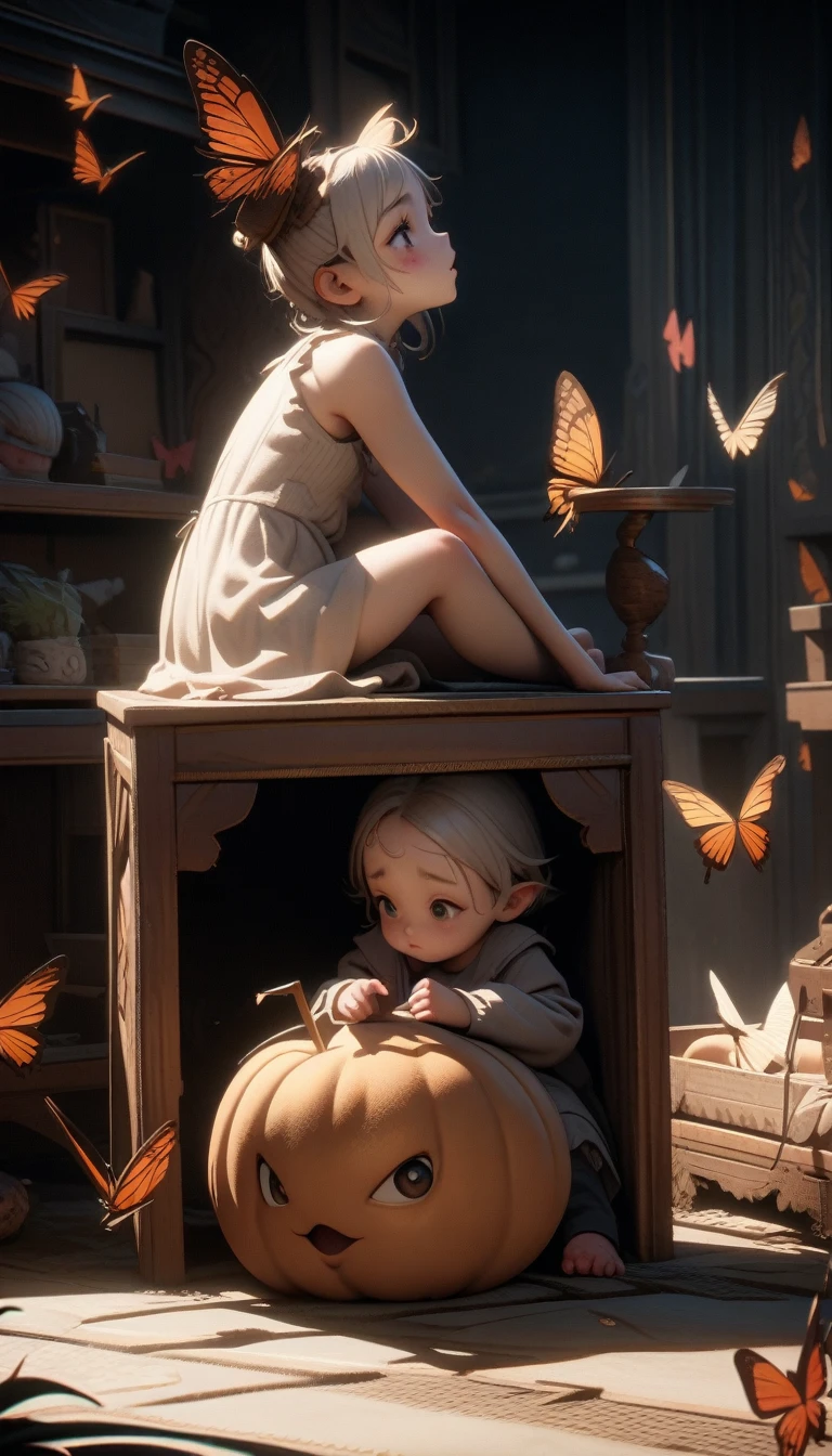 ((best quality)) , ((masterpiece)) , (detailed),Unreal Engine, Muybridge Sequence, a tall Artisanal Cookie Lyon ner, Cookie Lyon is Young and Fae, blushing, surreal, Butterfly sitting, Eyeliner, Fall, Cozy