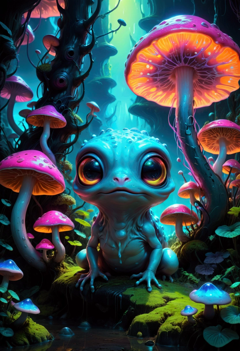 A slime creature, detailed slimy texture, gooey and viscous appearance, cute eyes, bright neon colors, fluorescent glowing, surreal fantasy landscape, colorful alien environment, glowing mushrooms, bioluminescent plants, cinematic lighting, detailed 3D render, vibrant colors, high detail, masterpiece, best quality, very aesthetic, absurdres