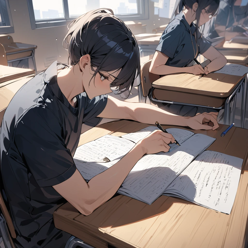 best quality, masterpiece, sitting in a classroom taking an exam, desperately writing with his pen