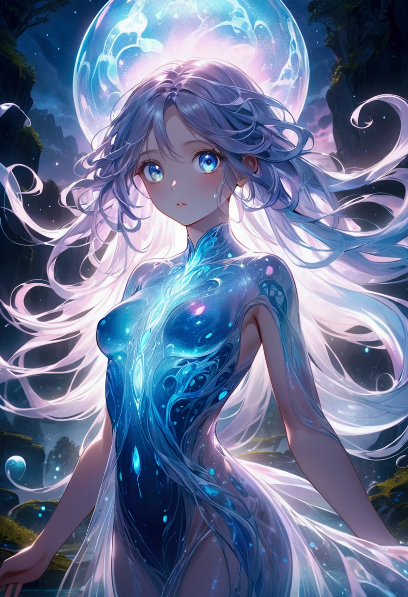 a beautiful slime girl with glowing translucent skin, long flowing hair, big expressive eyes, detailed facial features, graceful posture, intricate swirling patterns on her body, iridescent colors, glowing bioluminescent effects, ethereal and mystical atmosphere, fantasy landscape background, cinematic lighting, digital art, highly detailed, 8k, photorealistic