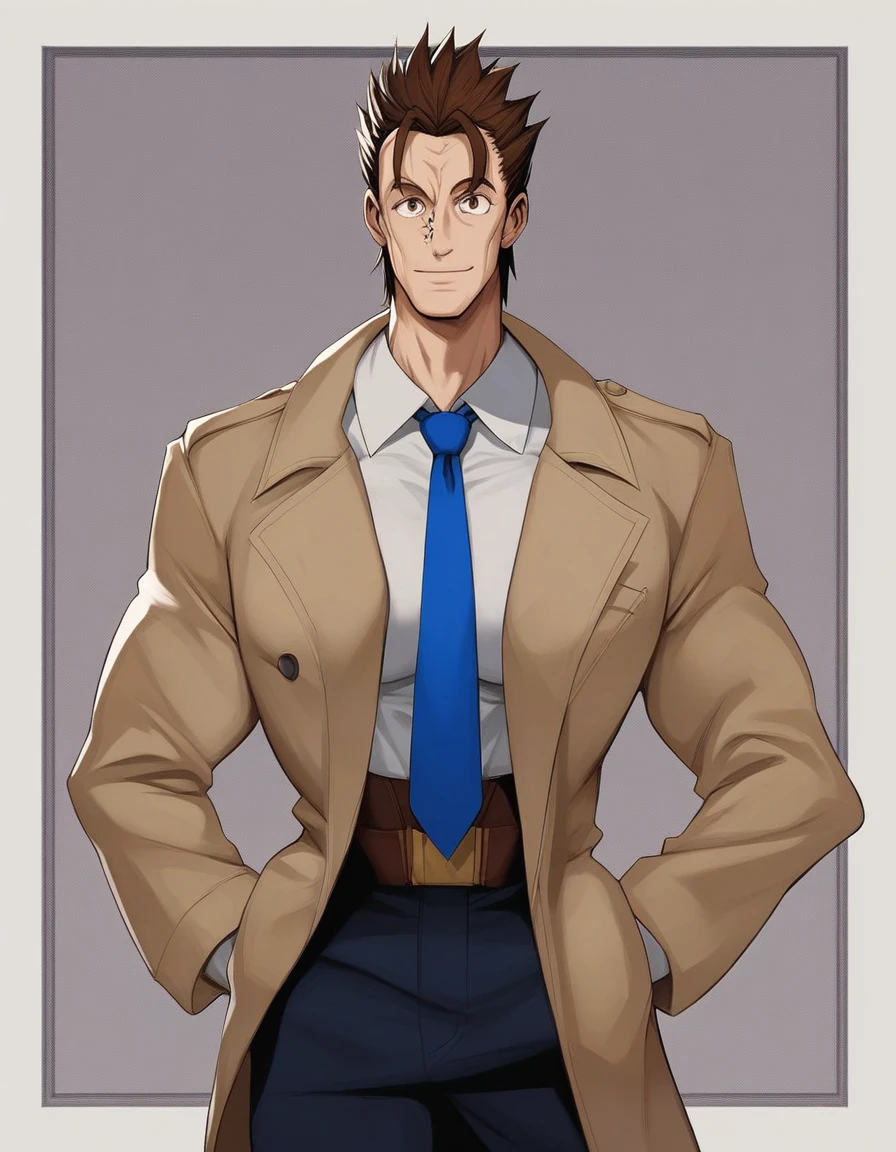 1man, veteran mature detective, muscular, boned nose, wavy slicked back spiked hair, yellow_brown hair, BREAK shihaku, brown eyes, dandy, virile, stubble, square shaped, large eyes, ugly, rough skin, facial wrinkles, ideal ratio body proportions, ordinaly, cute uncle, beautiful detailed eyes, broad waist, 40yo dude, BREAK solo, upperlegs, white collared shirt, blue necktie, trench coat, dark worn-out suit, cute smile, standing, BREAK dandy posing, in eroge style, 2000s, cinematic concept art, masterpiece, best quality, BREAK score_9, score_8_up, score_7_up, source_anime, score_6_up, score_5_up, score_4_up