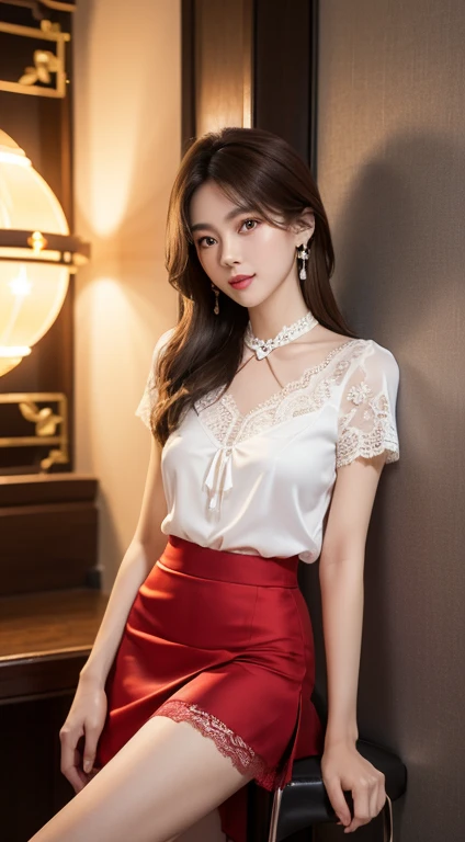 8k, tmasterpiece, RAW photogr, Best quality at best, realisticlying, extremely detailed CG unity 8k wallpaper, depth of fields, Movie Lighting, lens flare glow, Ray traching, (Extremely beautiful face, beautifullips, pretty eyes), Intricately detailed face, ((Ultra-delicate skin)) 1 girl, in the darkness nigth, deep shading, beautiful asian girl, idoly, 1 girl, (Very slim slender fit-muscled body:1.3), ((looking at viewert)),(Hefty Smile:1.3), (Tight lace-up shirt), ((White color blouse)), (short- sleeved) , (city night, nigth, (neonlight), (vague background), dim murky lights, view over city, the roof, Beautiful earrings, bangle, choker necklace, lacepantyhose, Clear eyes, (pale-skinned), (Big eyes looking forward, ((upperbody shot)), (silk red skirt), (brown hair),((Lace skirt)), (looking at viewert:1.3), avas, (Very slim), Medium chest tie)), Coiled hair, , short detailed hair, Sat down, high-heels, Lace-up stockings, in a panoramic view, on a chair, coffee information