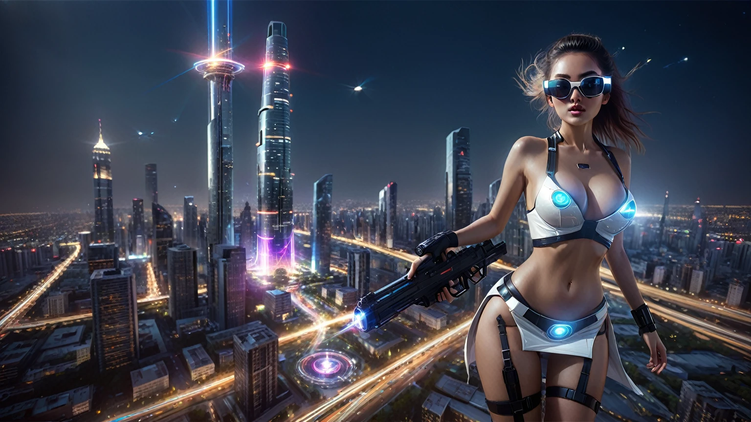 At dark night, aerial view of futuristic sci-fi cyberpunk city, skyscrapers, (flying vehicle), vortex-spirit-spreading giant hologram ((clock tower)) as time machine, Matrix style, (1girl, solo), large-breast:1.2 slim body, cleavage:1.3, tube top, miniskirt, (mini black sunglasses), ((holding a laser pistol)), dynamic pose, half-body thigh level medium shot, cinematic lighting, lens flare, ray tracing.