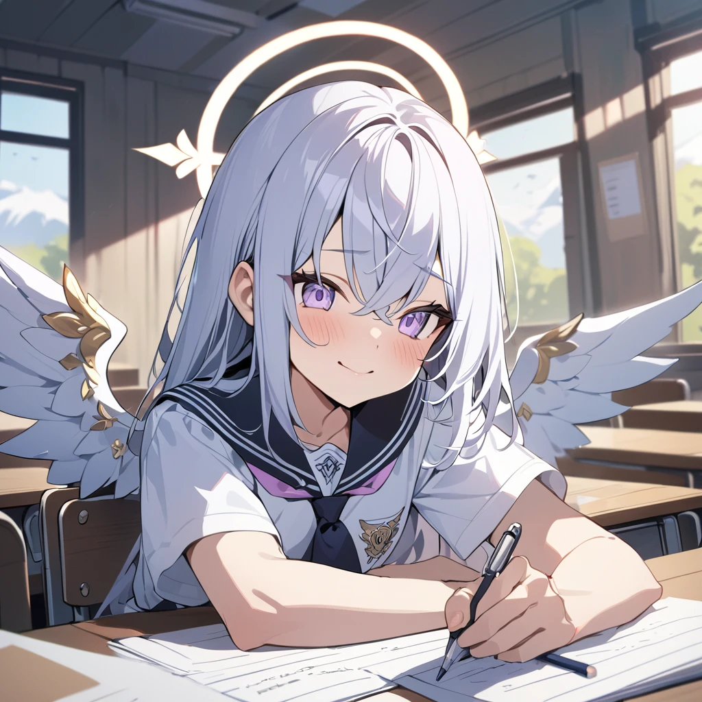 Azusa_blue_archive, wings, halo,purple_eyes,girl,((masterpiece)), ((Highest quality)), ((High resolution)), ((Details))、Anime style white woman, smile、Happy expression、Daylight、Rural scenery、cute、beautiful、 Embarrassing cheeks best quality, masterpiece, sitting in a classroom taking an exam, desperately writing with his pen
