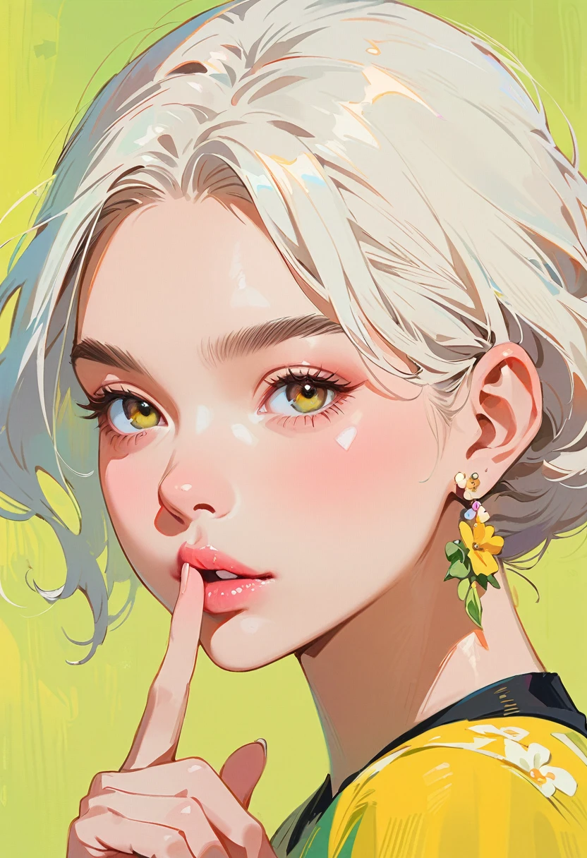 (masterpiece, best quality:1.2), 1 girl, solitary，Anime style，White hair, lips pink、Girl with light floral earrings puts her finger to her mouth，In the style of a top portrait painter, Yellow-green background.