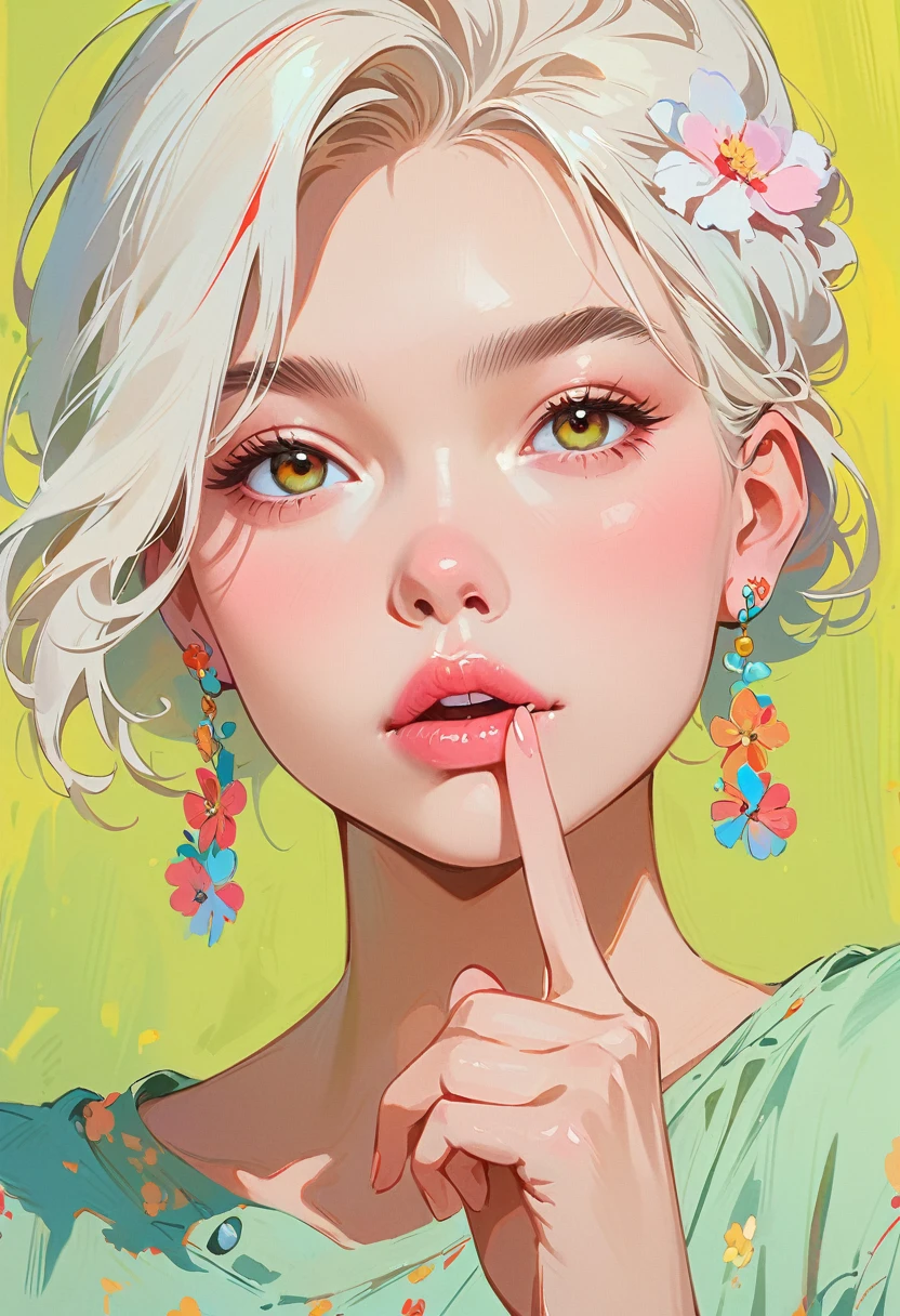 (masterpiece, best quality:1.2), 1 girl, solitary，Anime style，White hair, lips pink、Girl with light floral earrings puts her finger to her mouth，In the style of a top portrait painter, Yellow-green background.