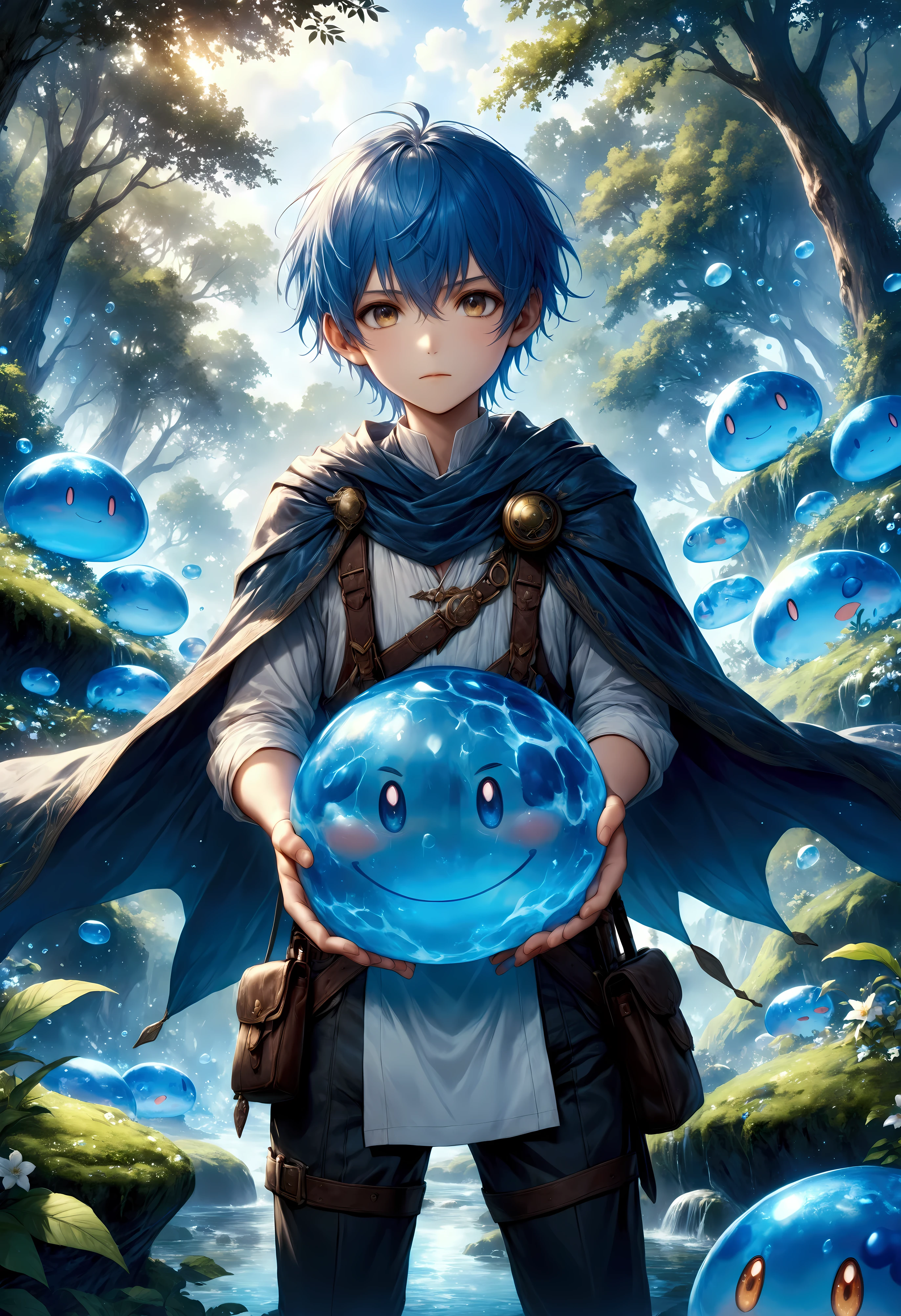 Create a stunning, ultra-high-definition image in 16K resolution that captures the magical and adventurous atmosphere of the fantasy world from the series "That Time I Got Reincarnated as a Slime" with a realistic photo aesthetic. | Visualize Rimuru Tempest, the protagonist, in both his slime and human forms. As a slime, Rimuru is a small, blue, translucent creature with a cute and friendly appearance. In his human form, Rimuru has short, blue hair, golden eyes, and a youthful, androgynous look. He is dressed in stylish yet practical adventurer's attire, featuring a dark cloak, a light tunic, and sturdy boots, blending traditional fantasy elements with subtle contemporary touches. | The scene is set in a lush, enchanted forest with vibrant, glowing flora, and mystical creatures in the background. The environment exudes a sense of wonder and magic. | Capture Rimuru in a dynamic and confident pose, perhaps with his human form standing protectively in front of his slime form. His expression should convey a mix of determination and friendliness, with a hint of curiosity. The camera angle should emphasize both forms, highlighting the details of his attire and his dual nature. | The overall ambiance should integrate rich, vibrant colors and intricate details, creating a sense of depth and immersion in this fantastical setting. Ensure anatomical correctness, with a focus on ultra-detailed textures and high-quality rendering, capturing every nuance of Rimuru's appearance and his magical surroundings. This masterpiece should embody the spirit of adventure and transformation, immersing viewers in its lifelike depiction. | Keywords: (Rimuru Tempest:1.3), ((realistic photo)), ((blue slime):1.2), ((fantasy world)), ((confident pose)).