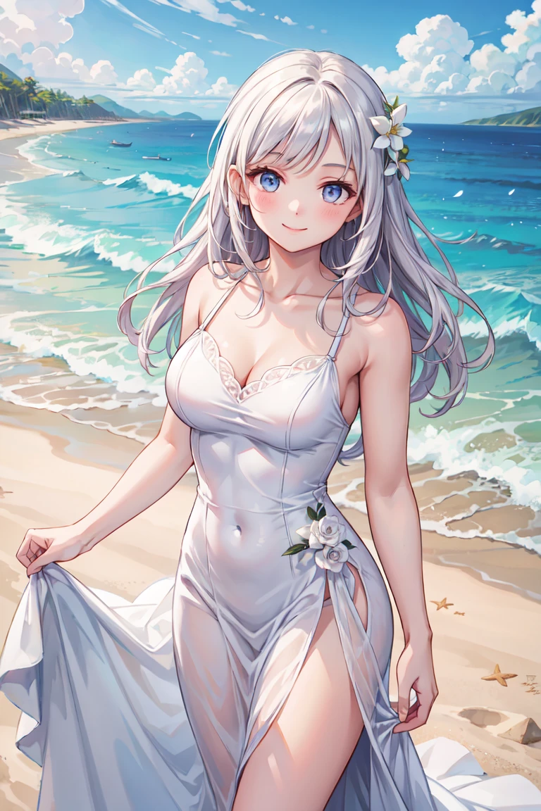 beautiful young woman, White dresses and dresses, in the beautiful beach, My hair is long and neat., flirtatious, Smiling softly, holding flowers, Ultra HD, realistic, Bright colors, Highly detailed, UHD Drawing, perfect composition, Complex with beautiful details