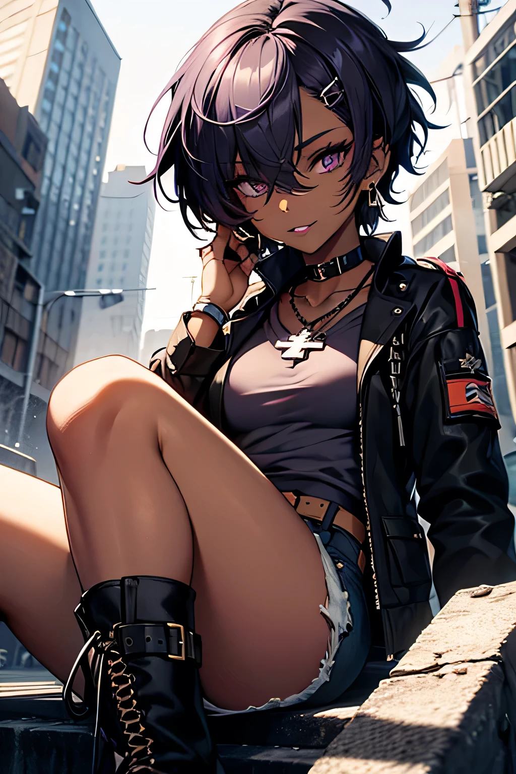 girl with black skeleton shirt, ripped jean short shorts, black military style boot shoes, light dark skin, a white bandage around his eyes, a black choker on her neck, a cross chain earring, dark purple lipstick and a piercing in her lip