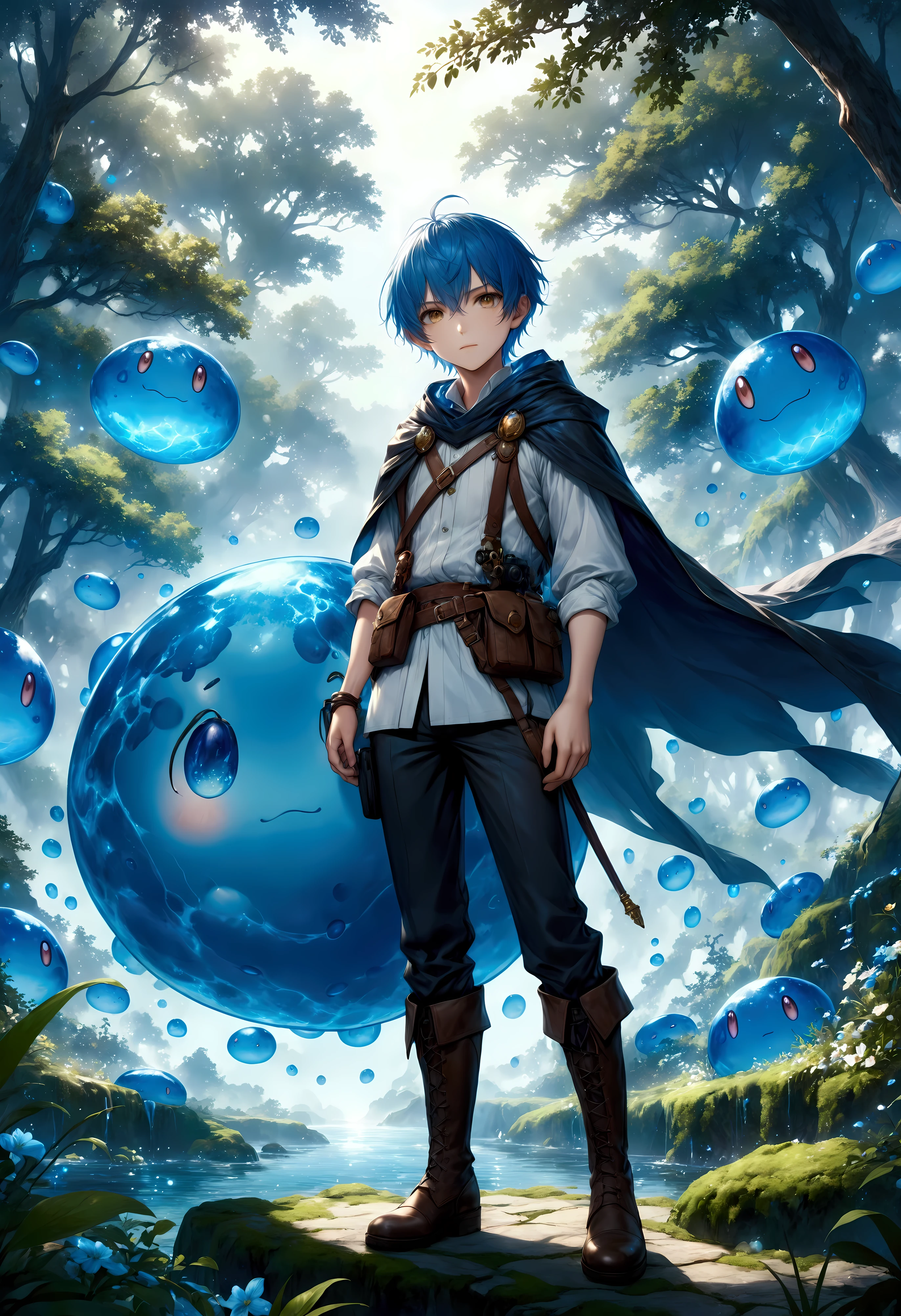 Create a stunning, ultra-high-definition image in 16K resolution that captures the magical and adventurous atmosphere of the fantasy world from the series "That Time I Got Reincarnated as a Slime" with a realistic photo aesthetic. | Visualize Rimuru Tempest, the protagonist, in both his slime and human forms. As a slime, Rimuru is a small, blue, translucent creature with a cute and friendly appearance. In his human form, Rimuru has short, blue hair, golden eyes, and a youthful, androgynous look. He is dressed in stylish yet practical adventurer's attire, featuring a dark cloak, a light tunic, and sturdy boots, blending traditional fantasy elements with subtle contemporary touches. | The scene is set in a lush, enchanted forest with vibrant, glowing flora, and mystical creatures in the background. The environment exudes a sense of wonder and magic. | Capture Rimuru in a dynamic and confident pose, perhaps with his human form standing protectively in front of his slime form. His expression should convey a mix of determination and friendliness, with a hint of curiosity. The camera angle should emphasize both forms, highlighting the details of his attire and his dual nature. | The overall ambiance should integrate rich, vibrant colors and intricate details, creating a sense of depth and immersion in this fantastical setting. Ensure anatomical correctness, with a focus on ultra-detailed textures and high-quality rendering, capturing every nuance of Rimuru's appearance and his magical surroundings. This masterpiece should embody the spirit of adventure and transformation, immersing viewers in its lifelike depiction. | Keywords: (Rimuru Tempest:1.3), ((realistic photo)), ((blue slime):1.2), ((fantasy world)), ((confident pose)).