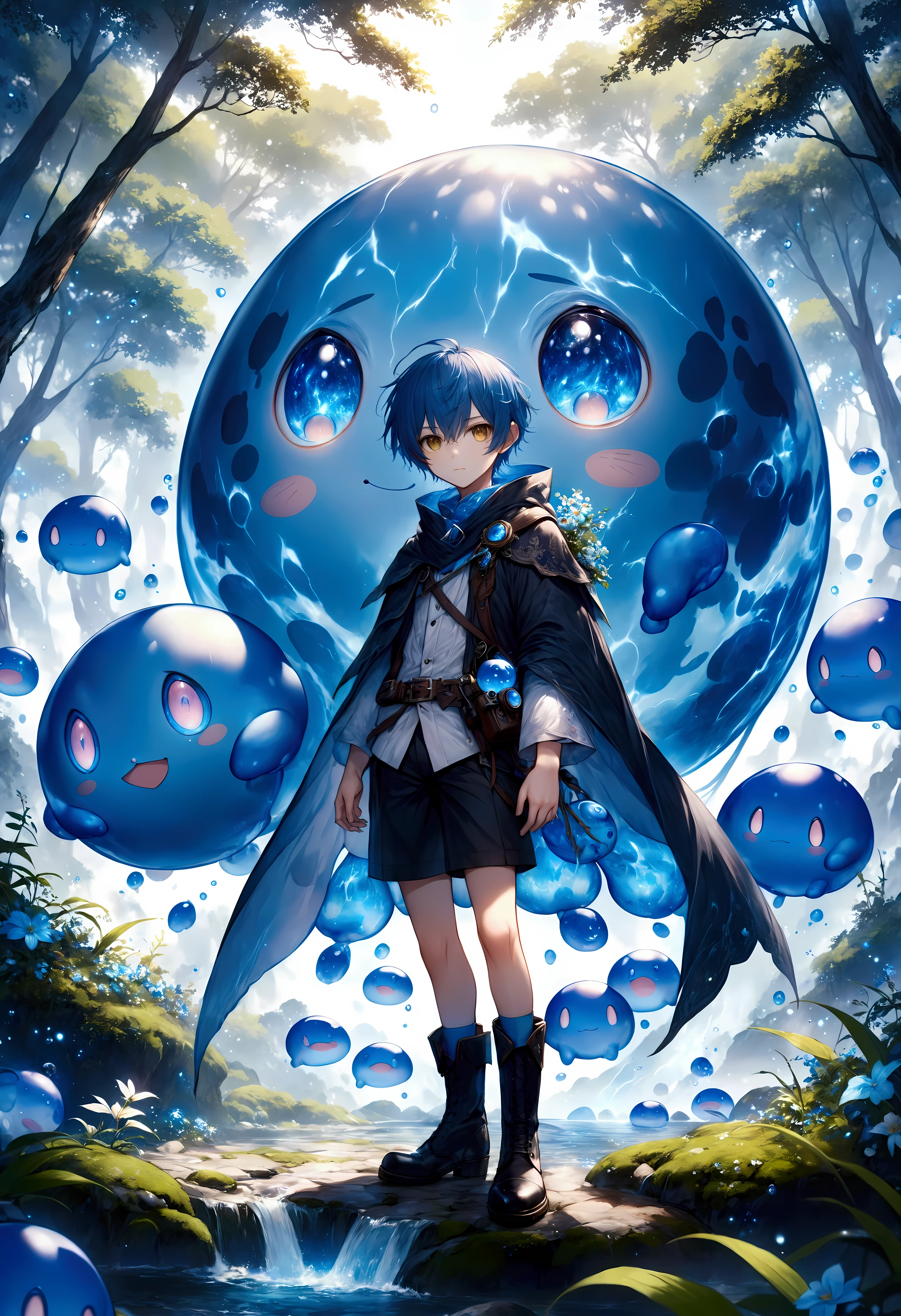 Create a stunning, ultra-high-definition image in 16K resolution that captures the magical and adventurous atmosphere of the fantasy world from the series "That Time I Got Reincarnated as a Slime" with a realistic photo aesthetic. | Visualize Rimuru Tempest, the protagonist, in both his slime and human forms. As a slime, Rimuru is a small, blue, translucent creature with a cute and friendly appearance. In his human form, Rimuru has short, blue hair, golden eyes, and a youthful, androgynous look. He is dressed in stylish yet practical adventurer's attire, featuring a dark cloak, a light tunic, and sturdy boots, blending traditional fantasy elements with subtle contemporary touches. | The scene is set in a lush, enchanted forest with vibrant, glowing flora, and mystical creatures in the background. The environment exudes a sense of wonder and magic. | Capture Rimuru in a dynamic and confident pose, perhaps with his human form standing protectively in front of his slime form. His expression should convey a mix of determination and friendliness, with a hint of curiosity. The camera angle should emphasize both forms, highlighting the details of his attire and his dual nature. | The overall ambiance should integrate rich, vibrant colors and intricate details, creating a sense of depth and immersion in this fantastical setting. Ensure anatomical correctness, with a focus on ultra-detailed textures and high-quality rendering, capturing every nuance of Rimuru's appearance and his magical surroundings. This masterpiece should embody the spirit of adventure and transformation, immersing viewers in its lifelike depiction. | Keywords: (Rimuru Tempest:1.3), ((realistic photo)), ((blue slime):1.2), ((fantasy world)), ((confident pose)).