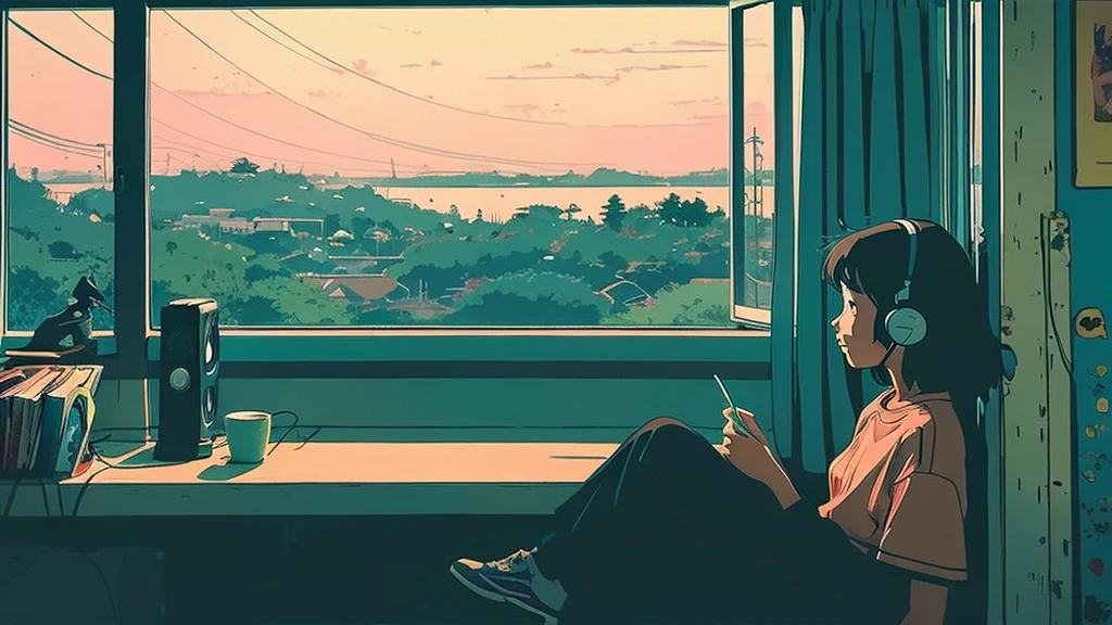 art wallpaper 4 k, アニメ art wallpaper 4k, アニメ art wallpaper 8 k, アニメ background art, Lofi Color, Lofi Art, アニメ asthetic,masterpiece, Highest quality, Rainbow Style, アニメ, Beautiful Asian Girl, Along the Hawaiian Coast, Cute and dreamy,アニメ,Illustrator,LOFI Girl, Blues,landscape,Sunset, night、Girl listening to music in a cozy room, Use headphones, 2D Style Anime, Rain outside the window、Analog Color Theme、Ghibli style,、Tokyo, night, Write notes