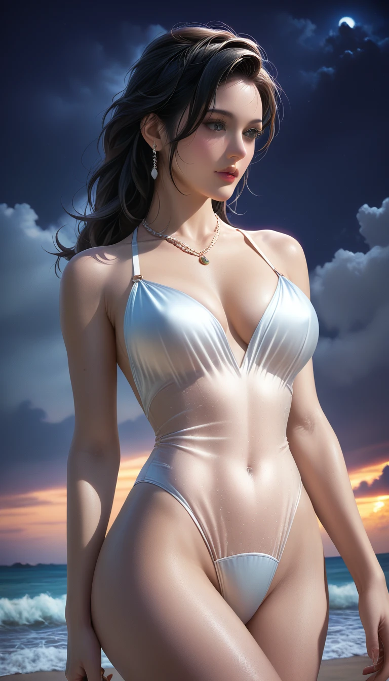 score_9, score_8_superior, score_7_superior, Masterpieces with up to 16K resolution,Highest quality,it is really amazing,Very detailed,Ultra-high resolution,(Ultra-realistic:1.1),(Realistic:1.1),Increased depth of field,Cinematic lighting,
Elegant Japanese MILF,
Long black hair,Ultra-detailed and beautiful face,Translucent white skin,Realistic skin texture,
(Elegant swimwear:1.1),
Bold design,Artistic design,Beautiful and detailed pattern,Detailed fabric texture,
Gorgeous necklace,Earrings,
(Deserted beach at night:1.4),(Dark night sky with dark clouds:1.4),
(Dramatic Angle:1.1),