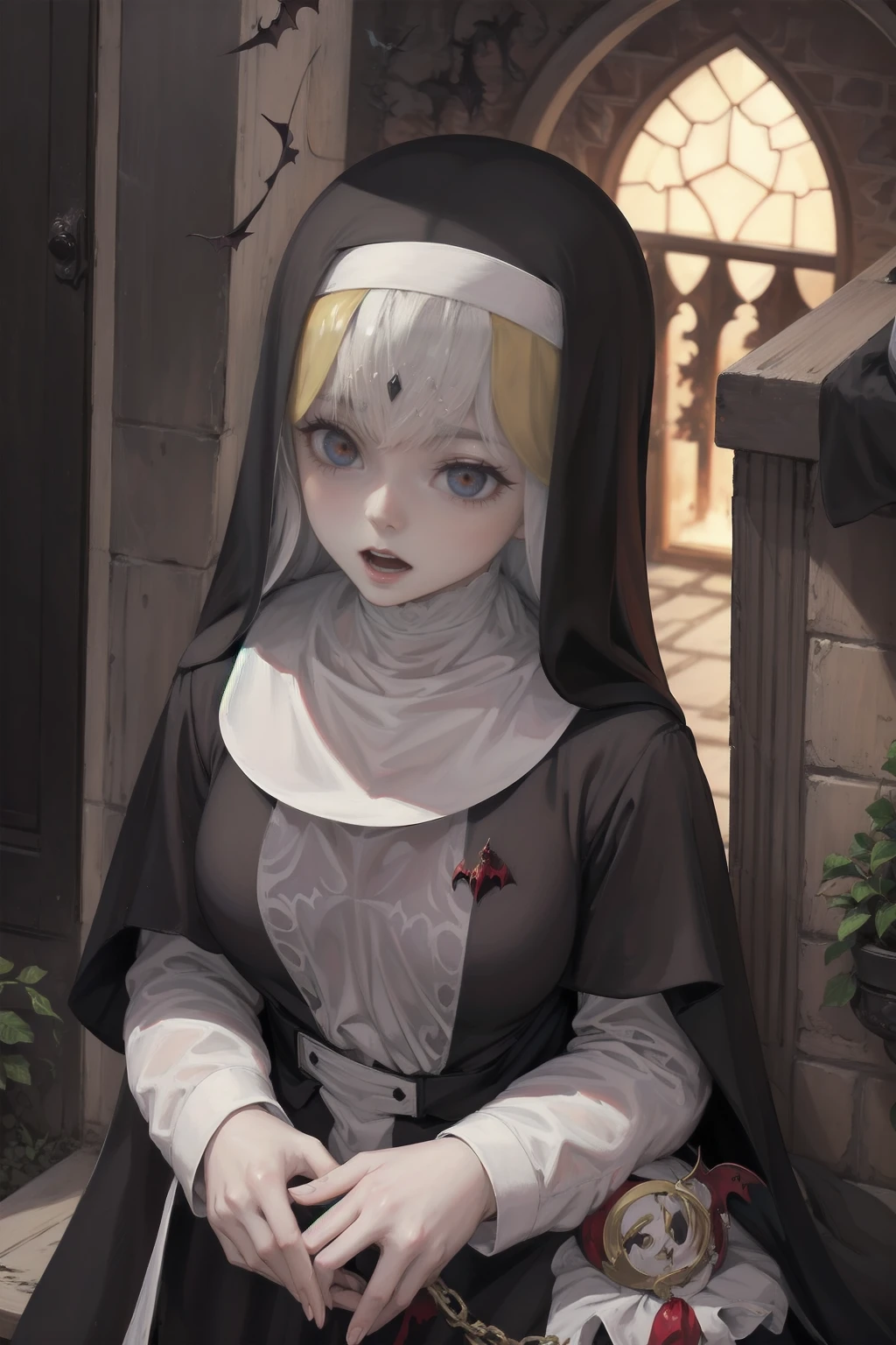 Photos of very beautiful women (Nuns: 1.3) (vampire: 1.5) Standing under the stars at the monastery&#39;s entrance, whole body, Dynamic Angle (Super detailed, masterpiece, Highest quality), Super detailed face (Super detailed, masterpiece, Highest quality), Ultra-feminine, (Pale skin: 1.3), Redhead, Wavy Hair, Dynamic eye color, Cold Eyes, Glowing Eyes, Strong Eyes, dark red lips, [tooth], wearing white Nuns habit (Super detailed, masterpiece, Highest quality), Wearing a blue cloak (Super detailed, masterpiece, Highest quality), Long Cape, Flowing Cape (Super detailed, masterpiece, Highest quality), Wearing high-heeled boots, Star-filled sky background, moon, Bats flying around, Attention to detail, Highest quality, 8k, [Super detailed], masterpiece, Highest quality, (Super detailed), whole body, Ultra Wide Shot, Photorealism, Dark Fantasy Art, Dark Fantasy Art, Gothic art, Many Stars, Dark Fantasy Art, Gothic art, Horror, Blood Magic