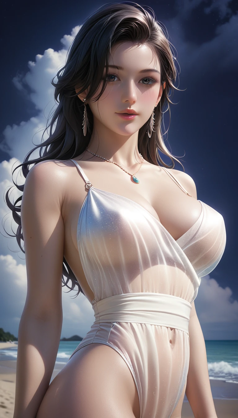 score_9, score_8_superior, score_7_superior, Masterpieces with up to 16K resolution,Highest quality,it is really amazing,Very detailed,Ultra-high resolution,(Ultra-realistic:1.1),(Realistic:1.1),Increased depth of field,Cinematic lighting,
Elegant Japanese MILF,
Long black hair,Ultra-detailed and beautiful face,Translucent white skin,Realistic skin texture,
(Elegant swimwear:1.1),
Bold design,Artistic design,Beautiful and detailed pattern,Detailed fabric texture,
Gorgeous necklace,Earrings,
(Deserted beach at night:1.4),(Dark night sky with dark clouds:1.4),
(Dramatic Angle:1.1),