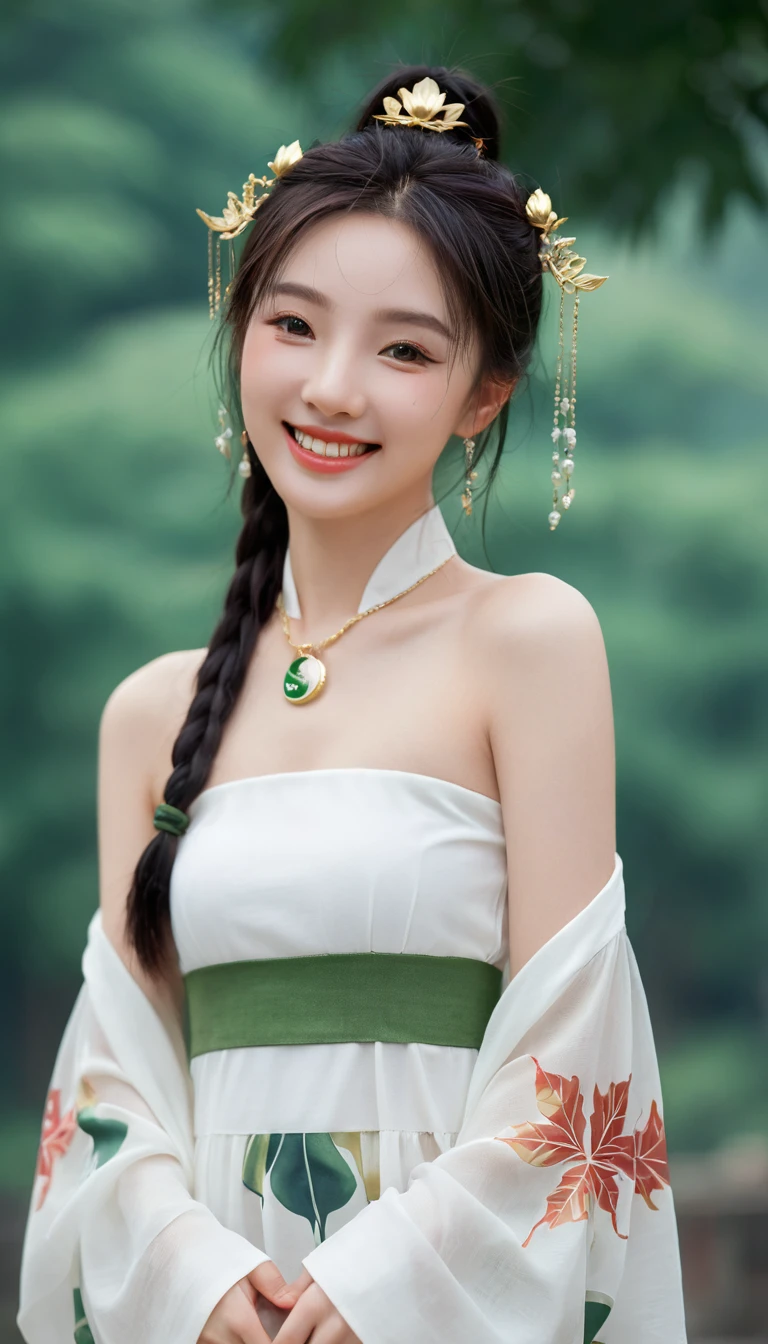 best quality, masterpiece, Ultra-high resolution, (Practical: 1.4), xiuxian, Smile, Shy, belly button, Exquisite makeup, Gorgeous jewelry, Horse Face Dress, Detail face,, 1 girl, White clothes, Lotus print, Maple Leaf Print, Solitary, arms, (Magic Circle: 1.2), xiuxian, 上Half Body, beautiful girl, Half Body, East Asian Architecture, sheath, put up,
