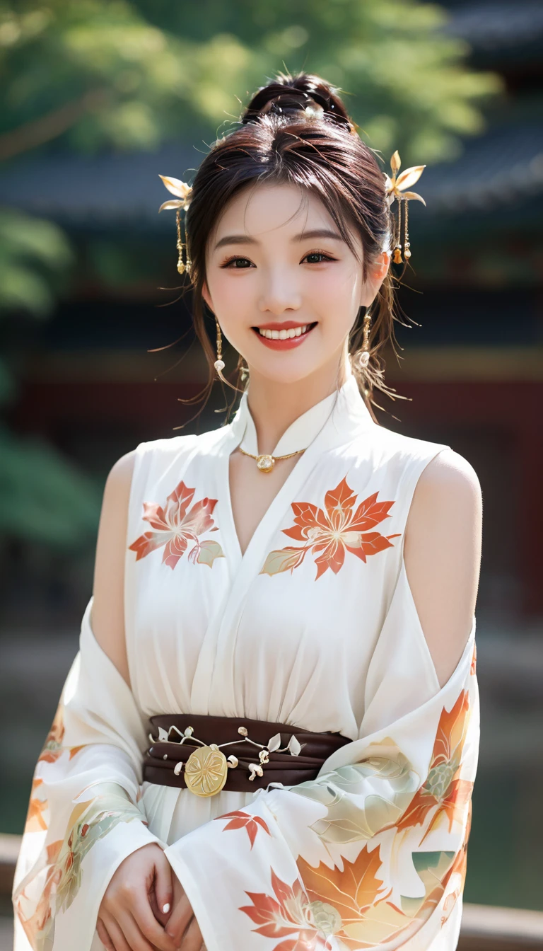 best quality, masterpiece, Ultra-high resolution, (Practical: 1.4), xiuxian, Smile, Shy, belly button, Exquisite makeup, Gorgeous jewelry, Horse Face Dress, Detail face,, 1 girl, White clothes, Lotus print, Maple Leaf Print, Solitary, arms, (Magic Circle: 1.2), xiuxian, 上Half Body, beautiful girl, Half Body, East Asian Architecture, sheath, put up,