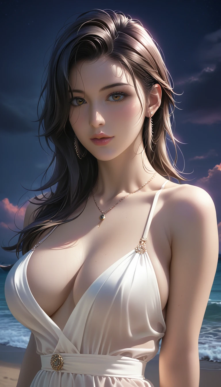 score_9, score_8_superior, score_7_superior, Masterpieces with up to 16K resolution,Highest quality,it is really amazing,Very detailed,Ultra-high resolution,(Ultra-realistic:1.1),(Realistic:1.1),Increased depth of field,Cinematic lighting,
Elegant Japanese MILF,
Long black hair,Ultra-detailed and beautiful face,Translucent white skin,Realistic skin texture,
(Elegant swimwear:1.1),
Bold design,Artistic design,Beautiful and detailed pattern,Detailed fabric texture,
Gorgeous necklace,Earrings,
(Deserted beach at night:1.4),(Dark night sky with dark clouds:1.4),
(Dramatic Angle:1.1),