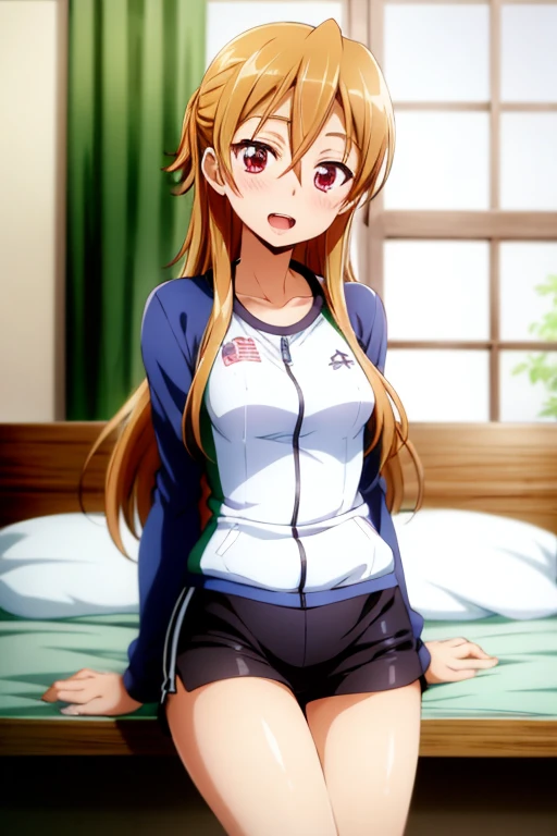 ((Highest quality)), ((masterpiece)), (be familiar with), Perfect Face, indoor, Bedroom, Watching the audience,
One woman, Rei Miyamoto,
Open Mouth, Ecstatic expression, blush, smile,
Small breasts, Flat Chest, Young Girl, , , Girl,
Long Hair, Long Hair,
Gym suit, White short sleeves, Black shorts, Leg spread,