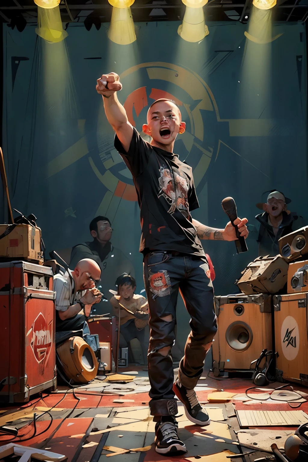 ((best quality)), ((masterpiece)), (detailed), ((best quality)), ((masterpiece)), (detailed), the skinhead group band singing, the exploited punk rock band, full body, raise punch hand on the stage(posters)sound system, semi bald hair(red color), in the concert, crowded people, many lightings