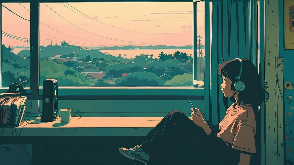 art wallpaper 4 k, アニメ art wallpaper 4k, アニメ art wallpaper 8 k, アニメ background art, Lofi Color, Lofi Art, アニメ asthetic,masterpiece, Highest quality, Rainbow Style, アニメ, Beautiful Asian Girl, Along the Hawaiian Coast, Cute and dreamy,アニメ,Illustrator,LOFI Girl, Blues,landscape,Sunset, night、Girl listening to music in a cozy room, Use headphones, 2D Style Anime, Rain outside the window、Analog Color Theme、Ghibli style,、Tokyo, night, Write notes