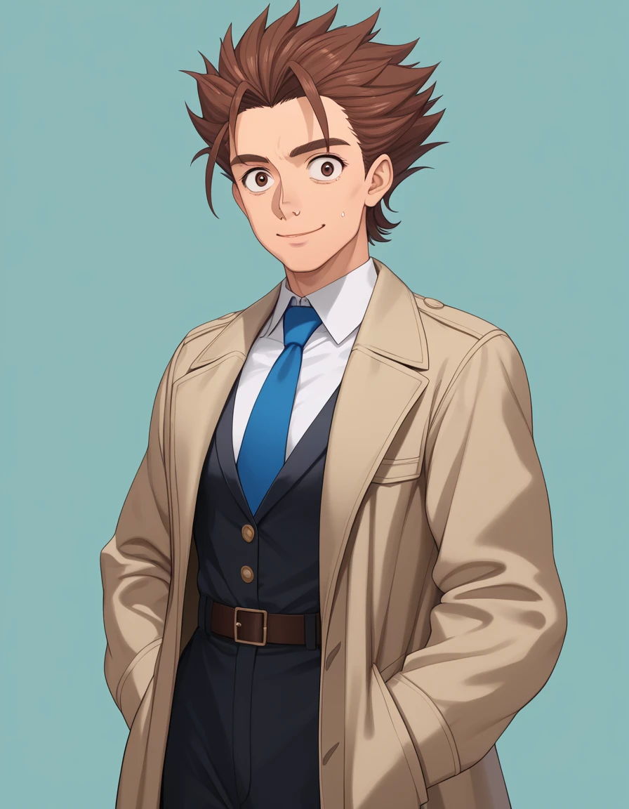 1man, veteran mature detective, muscular, boned nose, wavy slicked back spiked hair, yellow_brown hair, BREAK shihaku, brown eyes, dandy, virile, stubble, square shaped, large eyes, ugly, rough skin, facial wrinkles, ideal ratio body proportions, ordinaly, cute uncle, beautiful detailed eyes, broad waist, 40yo dude, BREAK solo, upperlegs, white collared shirt, blue necktie, trench coat, dark worn-out suit, cute smile, standing, BREAK dandy posing, in eroge style, 2000s, cinematic concept art, masterpiece, best quality, BREAK score_9, score_8_up, score_7_up, source_anime, score_6_up, score_5_up, score_4_up